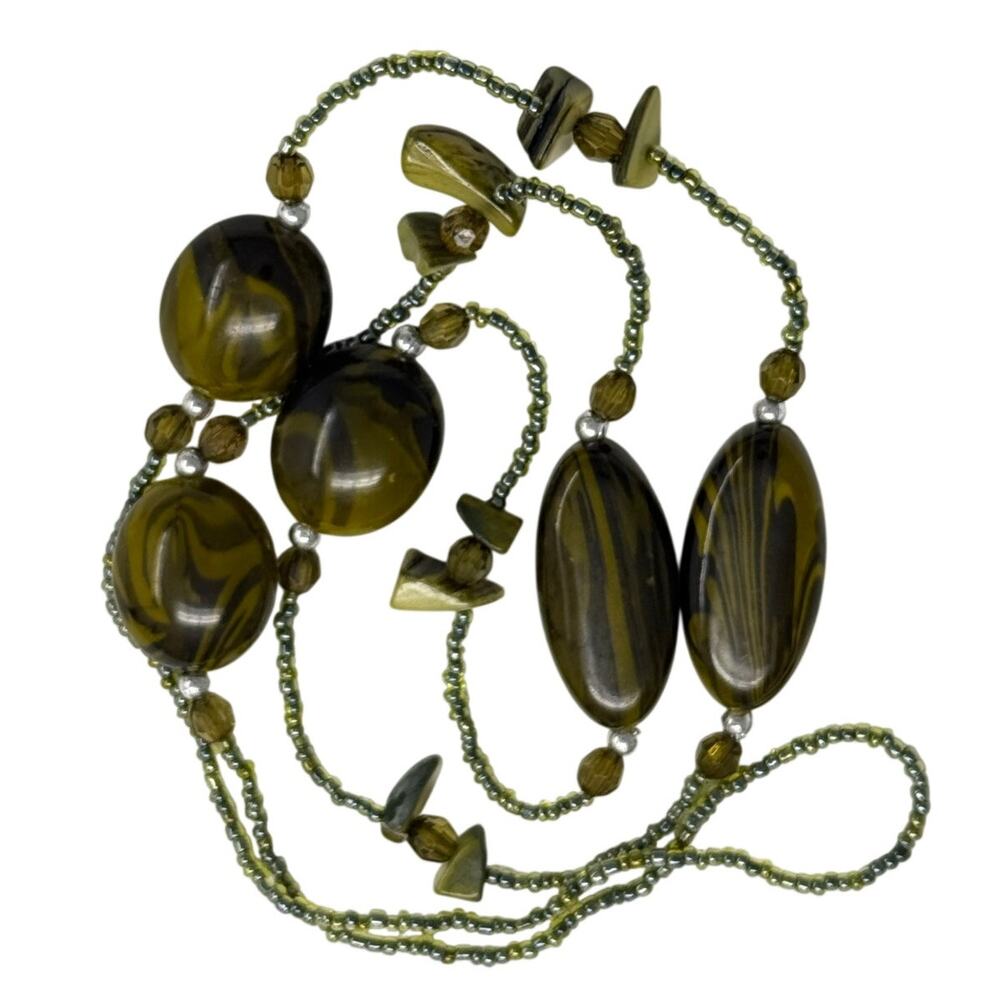 Vintage 70s Avocado Bead Necklace Oval Resin Statement Long Strand